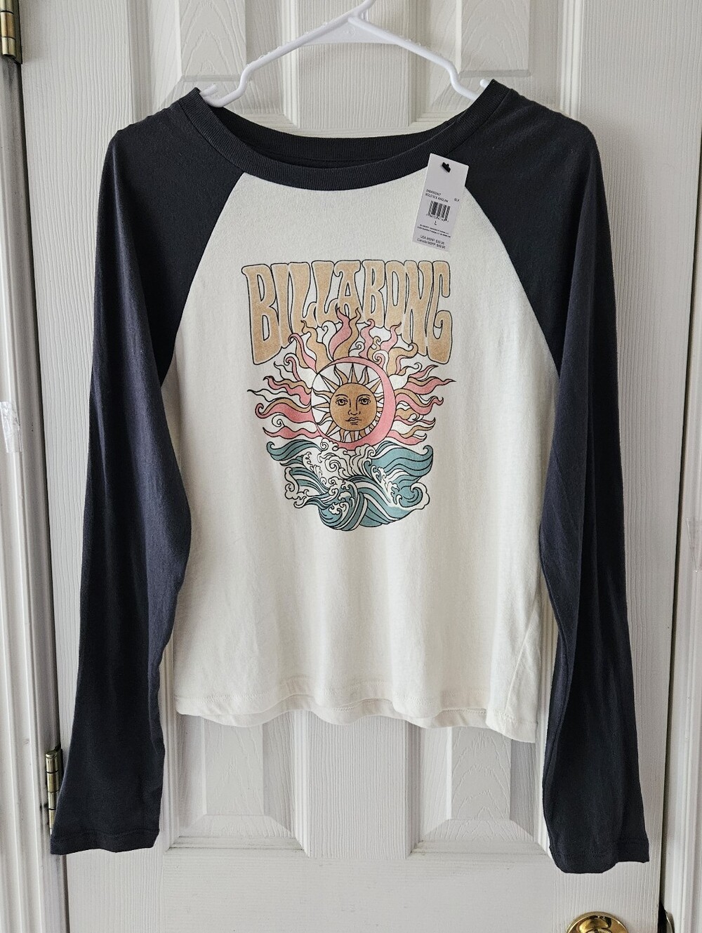 Billabong Cream/Black Long Sleeve Tee, Retro Graphic, Very Stretchy, Sz Lg, NWT